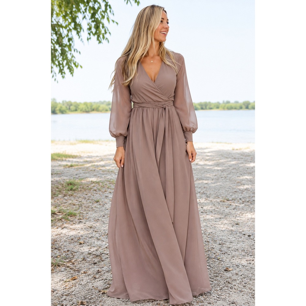 Baltic Born Lydia Maxi Dress Taupe Chiffon Long Sleeve Wrap Gown- XXL